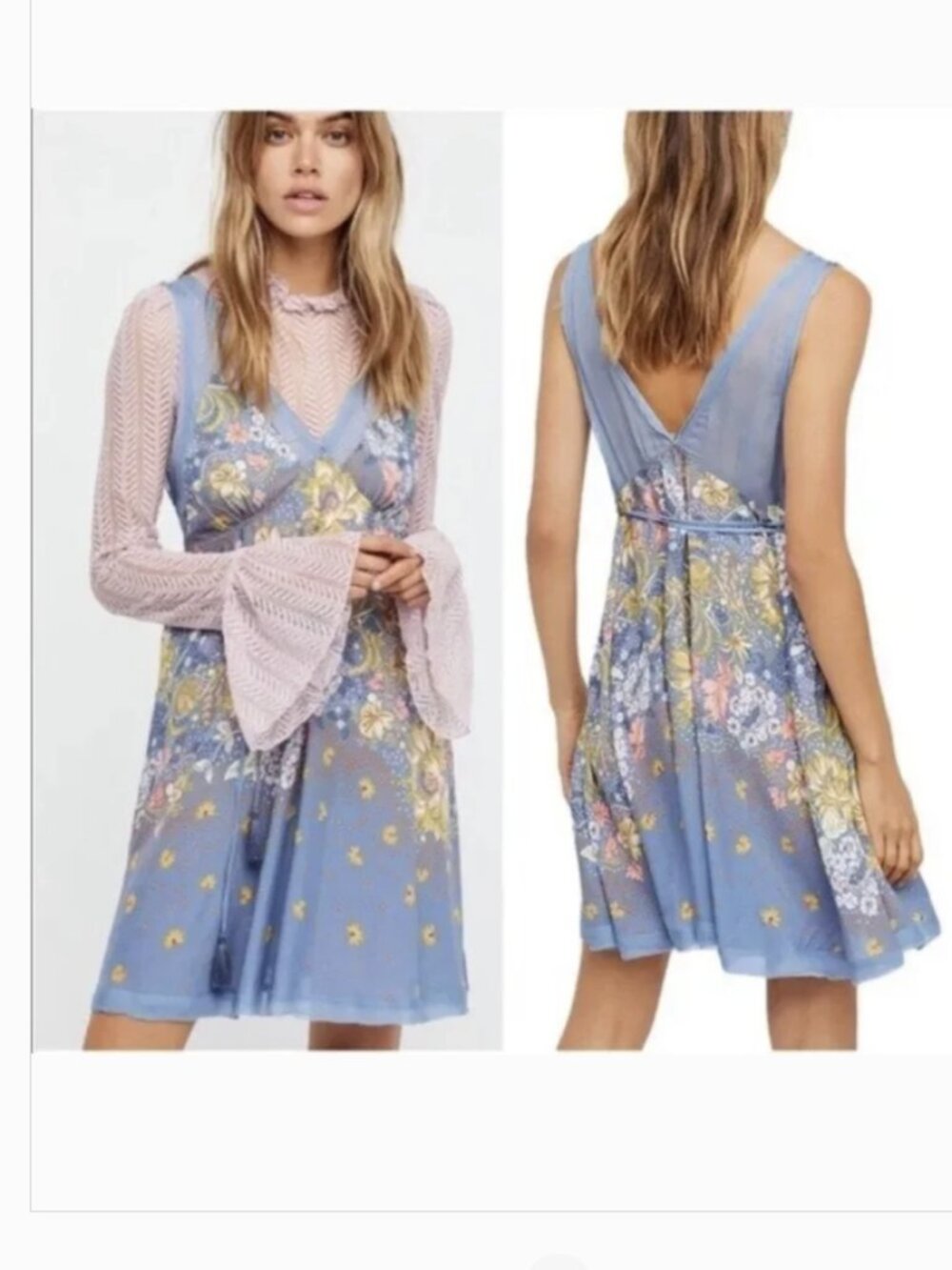 Intimately Free People Whimsical Blue Floral Longwood Slip Mini Dress